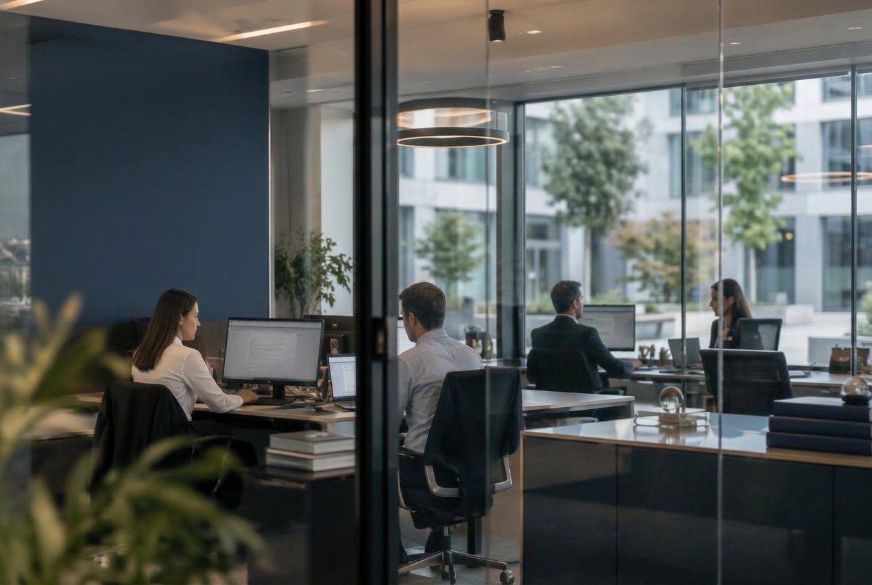 Équipe au travail dans des bureaux vitrés